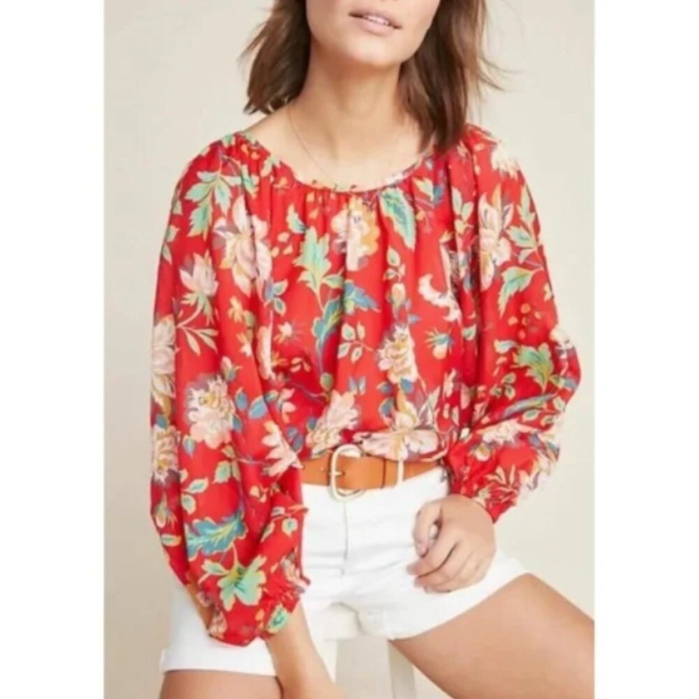 Anthropologie Maeve "Lakehouse" Red Floral Cotton Long Sleeve Top